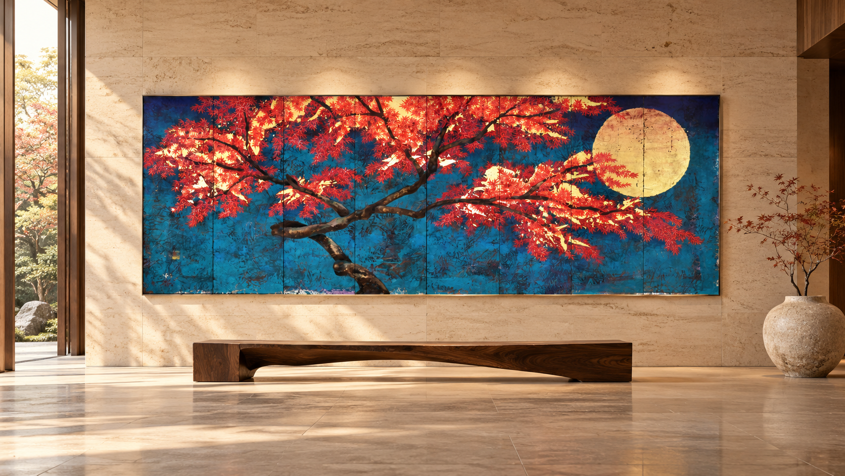 An imagined serene stone-lined gallery interior featuring Glossy autumn by Kazuko Shiihashi